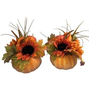 Set of 2 Faux Fall Pumpkin Sunflower Centerpiece Table Decor Thanksgiving 10"